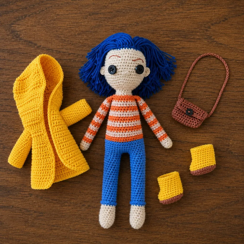 Boneca Amigurumi Coraline — Acessórios Removíveis